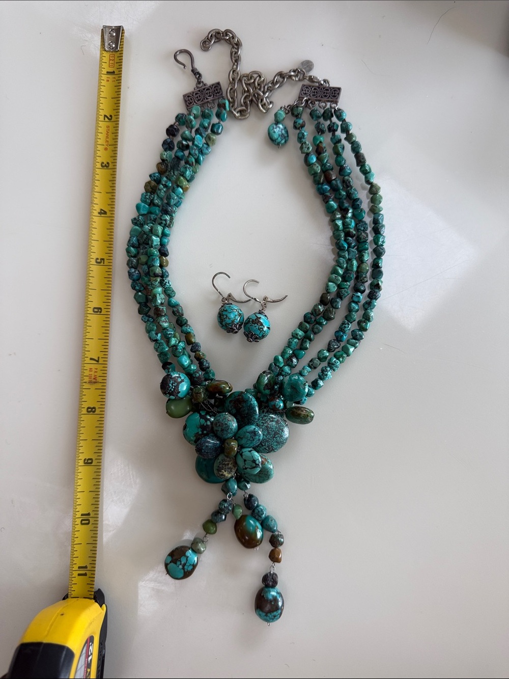 Turquoise Multi-Strand Stone Necklace and Earrings Set - Women Jewelry